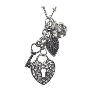 Vintage Charm Necklace Heart Lock & Key Rhinestones Leaf Flower Ball VLCH
